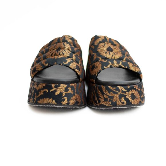 Free People Almost Paradise Brocade Platform Shoes 39 Black Gold Boho Chunky - Picture 6 of 13